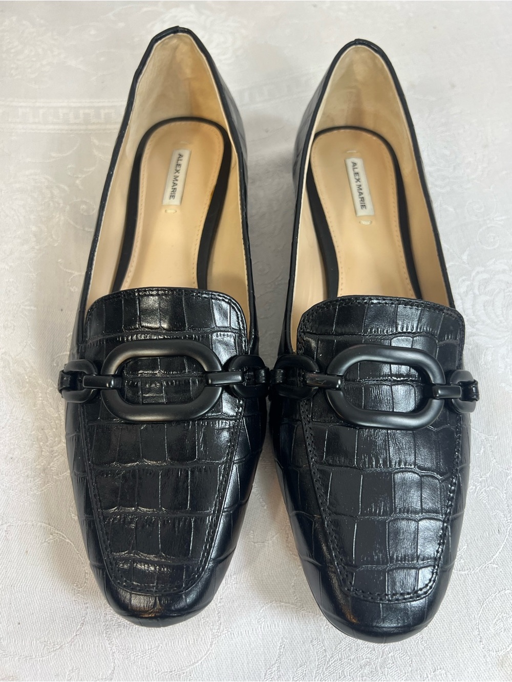 Alex Marie Arilla Black Leather Loafers Crocodile Embossed Chain Detail 8.5 👍